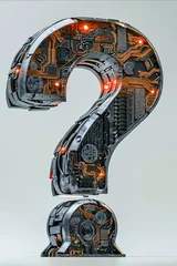 Fotobehang A large, metallic, glowing question mark made of electronic components. The design is futuristic and industrial, with a sense of mystery and curiosity © valentyn640