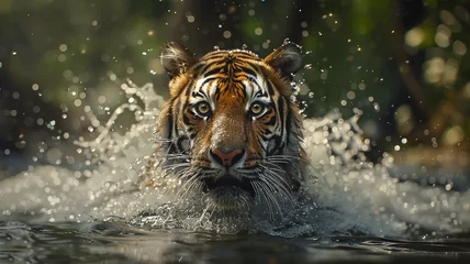Fotobehang Tiger, running in water with a splash and looking at the camera © Sergio