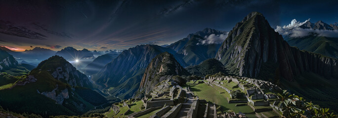 Panoramic view of the ruins of Machu Picchu in Peru, - obrazy, fototapety, plakaty