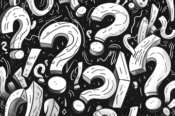 Fotobehang A black and white drawing of many different types of question marks. The drawing is full of different shapes and sizes of question marks, and it gives off a feeling of confusion and uncertainty © valentyn640