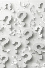 A white background with many questions written in different sizes. The questions are scattered all over the background, creating a sense of confusion and uncertainty