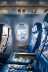 A blue airplane seat with a window and a blue leather headrest. The window is open and the sky is...