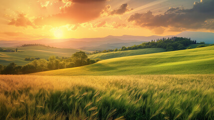 Naklejka premium Wheat field, agriculture, golden, crop, farming, rural, countryside, harvest, nature, landscape, farmland, grains, summer, organic, growth, cereal, wheat grains, panoramic, scenic, bread