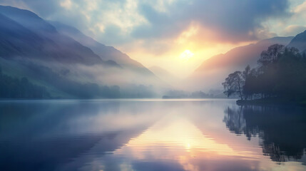 Fototapeta premium Lake, landscape, water, nature, scenic, tranquil, serene, outdoors, beauty, reflection, trees, mountains, sky, clouds, wilderness, peaceful, environment, natural beauty, calm, picturesque, horizon