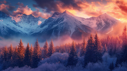 snowy mountains, winter landscape, cold, snow-capped peaks, serene, majestic, icy, frosty, tranquil, snowy trees, frozen lake, breathtaking, scenic view, winter wonderland