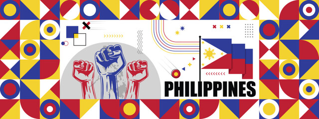 Flag and map of Philippines with raised fists. National day or Independence day design for Counrty celebration. Modern retro design with abstract icons. Vector illustration.