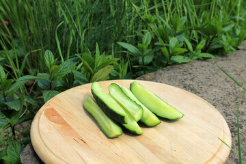 fresh green cucumber on a wooden board