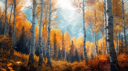 Fototapeta premium Autumn, Birch trees, Landscape, Fall, Nature, Scenery, Forest, Leaves, Colors, Foliage, Tranquil, Serene, Woodland, Golden, Rustic, Seasonal, Vibrant, Tranquility, Beauty, Outdoors, Wilderness