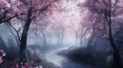 cherry blossom trees shrouded in beautiful mist