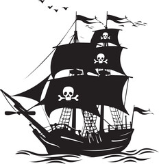 Black pirate ship designs sailing with full masts, suitable for nautical adventure themes