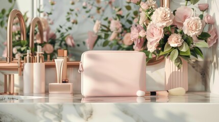 a blank plain canvas makeup bag, adorned with delicate creams amidst black and rose gold accents, complemented by romantic flowers as countertop decor on a luxurious vanity.