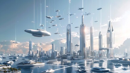 a concept art for a futuristic city skyline with flying cars and towering skyscrapers