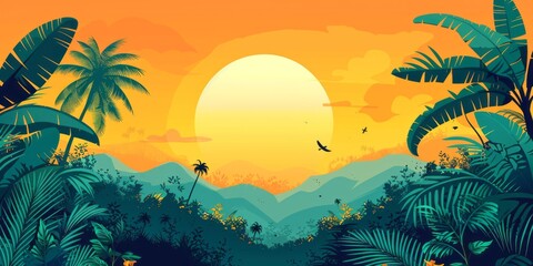 tropical sunset with palm trees illustration - obrazy, fototapety, plakaty