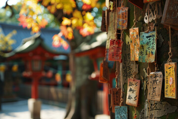 Traditional Ema Wooden Wishes Hanging in Japanese Shrine