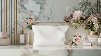 a blank plain canvas makeup bag, adorned with delicate creams amidst black and rose gold accents, complemented by romantic flowers as countertop decor on a luxurious vanity.