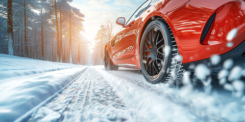 rear wheel of a car on a snowy road close up. Red car rides on a highway in winter in forest - obrazy, fototapety, plakaty
