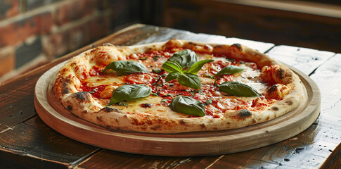 Fresh Italian Pizza with Cheese, Tomato, and Basil on Wooden Table