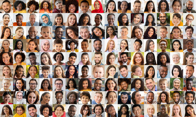 Vibrant grid of diverse human faces close-up