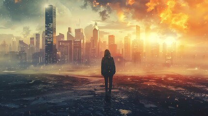 a cover art for a science fiction novel set in a dystopian future, featuring a desolate cityscape...