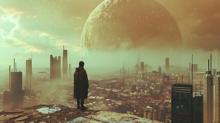 a cover art for a science fiction novel set in a dystopian future, featuring a desolate cityscape and a lone protagonist