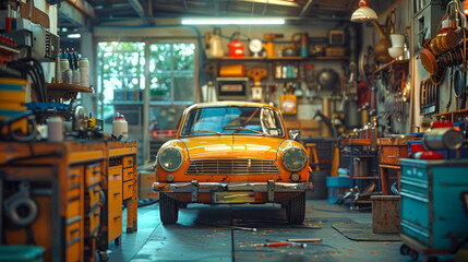Vintage car in a garage. Retro car in the garage