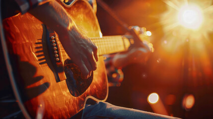 Band performing live on stage in nightclub. Close-up of male hands playing guitar