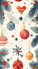 vintage Christmas ornaments trees stars seamless pattern - obrazy, fototapety, plakaty