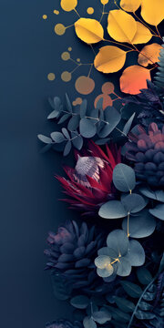 Autumn Botanicals with Prothea on Deep Blue Canvas