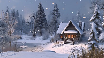 A cozy cabin nestled among snow-covered trees in a winter wonderland.