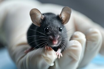 Close-up of a Black Mouse Held in Human Hands, Showcasing Intricate Details and Whiskers