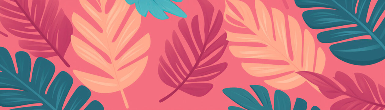 Vivid tropical leaves dance in a gentle breeze on a warm summer afternoon. A kaleidoscope of colorful tropical leaves set against a soft pink backdrop