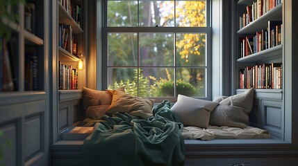A cozy corner reading nook with a built-in window seat, soft throw blankets, and a collection of books organized by genre or color,