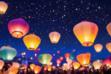 Obraz premium a vibrant Vesak scene with colorful paper lanterns floating in the night sky.