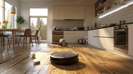 a cleaning robot as it diligently works to tidy up the kitchen room, seamlessly blending technology and household chores.