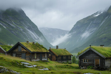 Fototapeta na wymiar The most picturesque mountain valley in Europe, Innerdalen, is home to traditional wooden cottages with grass roofs in Norway. Landscape photography