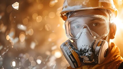 Construction worker wears high-grade dust mask on site to protect against glass particles. Concept Construction, Dust mask, Safety gear, Glass protection - obrazy, fototapety, plakaty