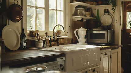 a cozy cottage kitchen with a farmhouse sink and vintage accents