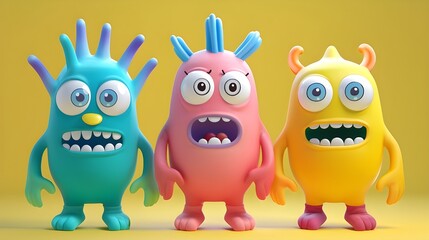 Three cartoon monsters against yellow background