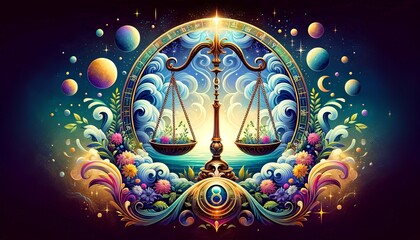 The Libra zodiac sign is depicted with balanced scales, surrounded by vibrant flowers, ocean waves, and cosmic elements like planets and stars. - obrazy, fototapety, plakaty