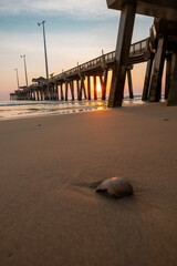 Sunrise at the ocean pier with a sea shell in the outer banks North Carolina