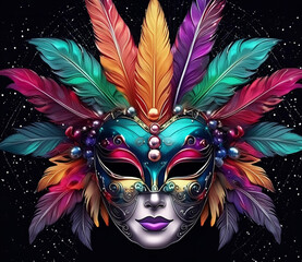 colorful carnival mask with feathers isolated on BLACK background