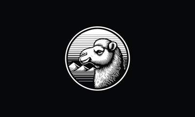 Camel with circle, mountain, desert design logo art 