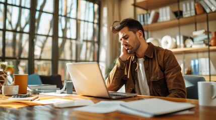 Laptop, headache, or unhappy man stress over financial crypto issue, forex stock market disaster, or NFT investment blunder. Burnout profile, 404 fintech fail, or exhausted