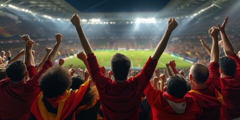 A group of soccer fans at a sports event, standing in a stadium with arms raised in a gesture of...