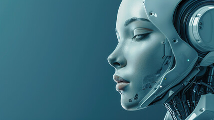 futuristic woman robot Portrait of a woman symbolically turning into plastic robot face, virtual human, virtual character, or digital clone