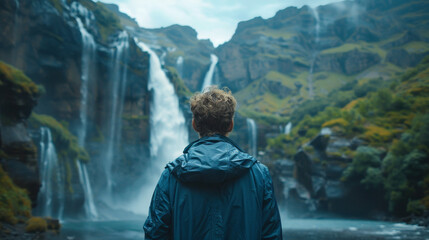 A man stands in front of a waterfall, looking out at the beautiful scenery