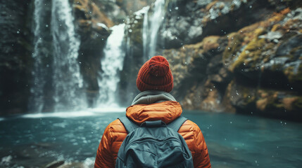A man wearing a red hat and orange jacket stands in front of a waterfall