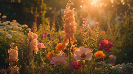Sunlight filtering through colorful blooms in a field