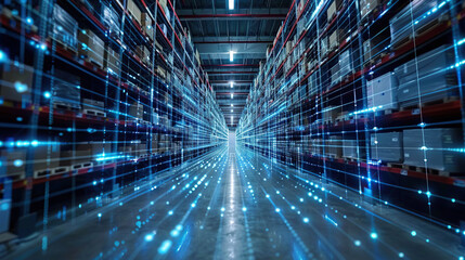 Data center abstract background. Interior of server room. Hi tech modern tech layout stage or room with digital architecture circuit line around Web hosting technology. Computer racks in database