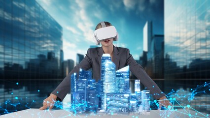 Civil engineer analyzing with rotating tower skyscraper hologram virtual graphic via VR future...